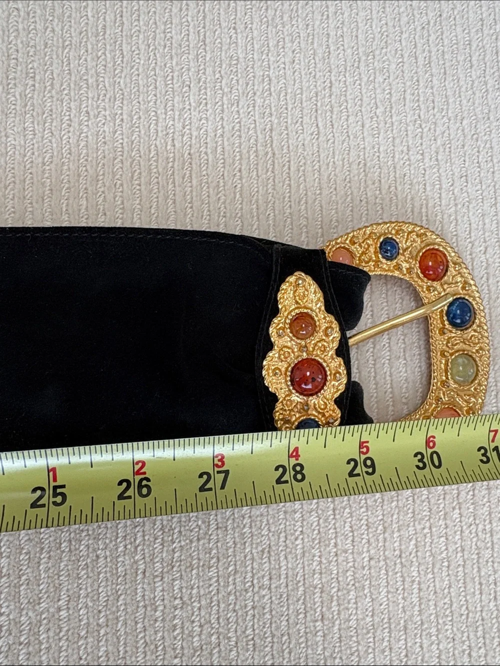 Black Suede Leather Belt with Gold Gem-Studded Buckle